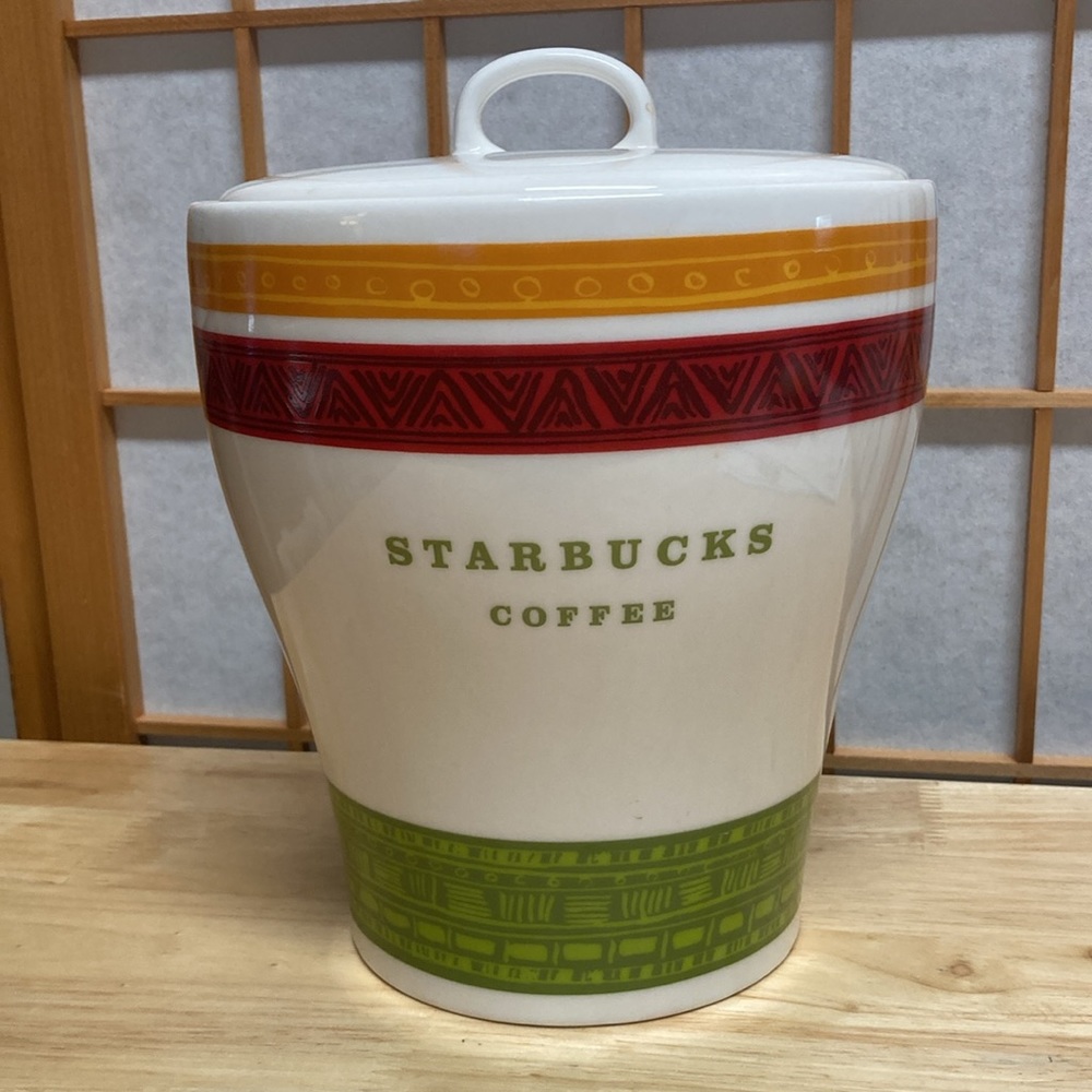 Starbucks Rollstock Ivory Canister Aztec Orange Red and Green Stripes 2006